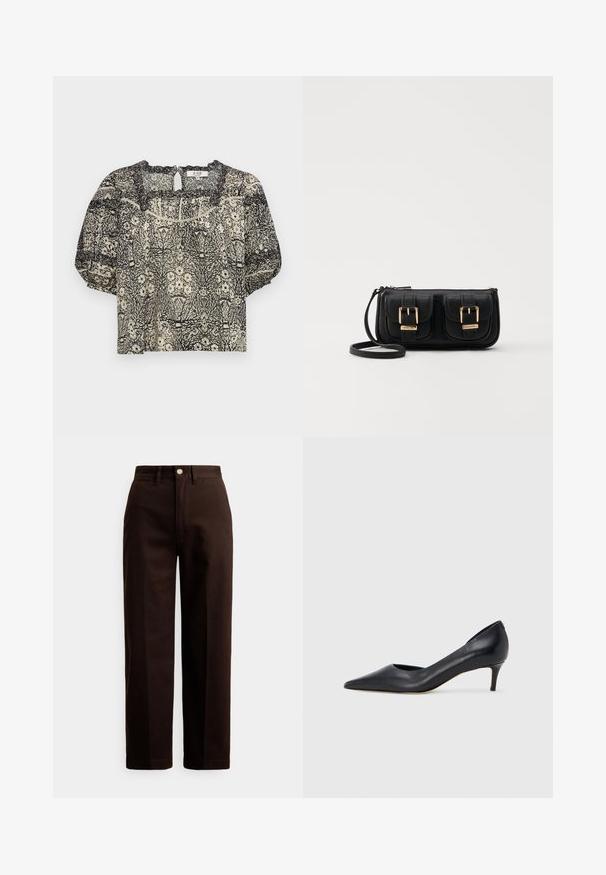 Lühikeste varrukatega bluus kreemi ja musta lillemustriga, millel on laineline kaelus ja võtmeaugu detail seljaosas. Kergete kangastega.; Tumedat pruunid sirge lõikega püksid, millel on nööp- ja lukukinnitus, vööaasad ning esimesed taskud, valgel taustal.; Mustast nahast kontsakinga terava ninaga ja madala kontsaga. Omadused on sile pind ja peen läige. Esiosal on avatud lõige, mis lisab detaili.; Must küllastamata nahast õlakott, millel on kaks esist nähtavat taskut, kuldsed pandlad, tõmblukuga sulgemine ja peen rihm. Tekstuuriga pind ja kompaktne ristkülikukujuline kuju.