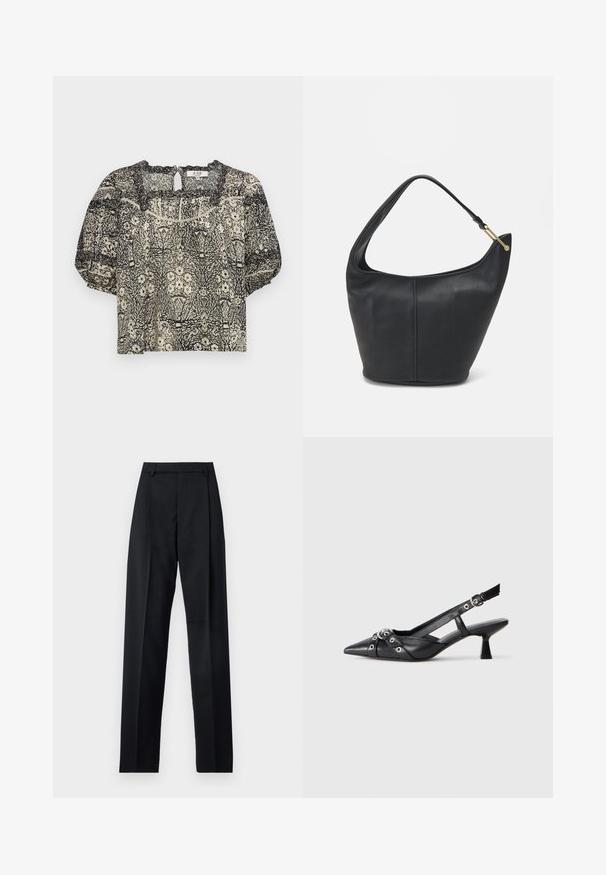 Halenka s krátkým rukávem v krémovo-černém květinovém vzoru, s vroubkovaným výstřihem a detailem ve tvaru klíčové dírky na zadní straně. Lehká tkanina.; Černé kalhoty vyrobené z hladké tkaniny, vybavené vysokým pasem, širokými nohavicemi, předními záhyby a klasickými poutky na opasek. Nejsou viditelné boční kapsy.; Černé kožené slingback boty s špičatou špičkou, dekorativními pásky s kovovými očky a nízkým blokovým podpatkem. Texturovaný povrch.; Černá kožená kabelka zaobleného tvaru, s širokým popruhem a texturovaným povrchem. Obsahuje jemné švy a akcenty ve zlatém tónu.