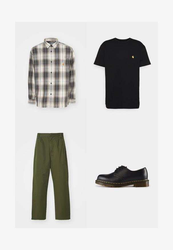 Langarmhemd mit einem schwarzen und cremefarbenen Karomuster, Knopfleiste vorne sowie einer Brusttasche mit einem Carhartt-Logo-Patch.; Schwarzes Baumwoll-T-Shirt mit kurzen Ärmeln, Rundhalsausschnitt und einem kleinen gelben Logo im linken Brustbereich. Einfaches Design und normale Passform.; Olivgrüne, hochgeschnittene Hose mit geradem Bein. Hergestellt aus einem leichten Stoff, mit Vorderfalten und einem Knopfverschluss.; Schwarzer Lederschuh mit abgerundeter Zehenpartie, Schnürdesign, gelbe Stickerei entlang der Sohle und einer kräftigen, strukturierten Gummisohle.