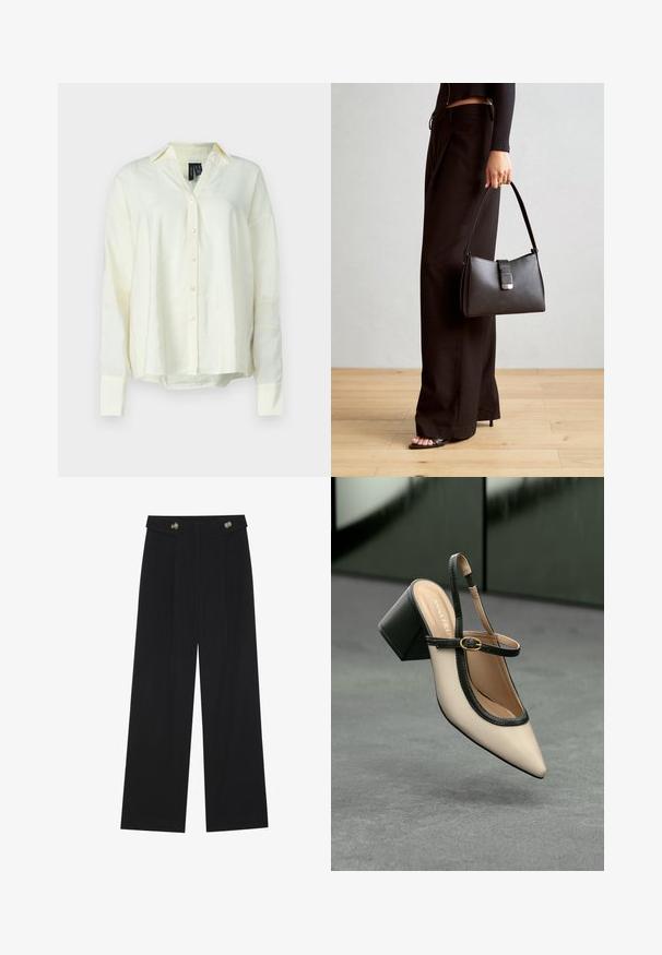 Camisa de manga longa amarelo-claro, feita de tecido macio, com frente abotoada, colarinho e um corte descontraído com uma barra arredondada.; Calças largas pretas com cintura alta, detalhes em botão na cintura e pregas frontais.; Sandal de biqueira pontuda em bege com acabamento preto, fivela dourada e um salto bloco sólido, em um chão cinza com fundo verde escuro.; Bolsa preta com forma estruturada, textura suave e um fecho metálico. Combinada com calças largas pretas e sandálias de salto aberto sobre um chão de madeira.