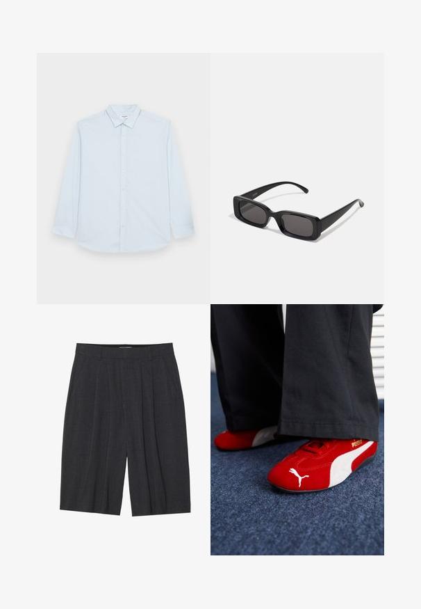 Jack & Jones JJJOE PLAIN NOOS - Camisa - cashmere blue; Calções pregueados de cor cinza escuro feitos de um tecido texturizado, apresentando uma cintura elástica e um corte straight-leg, sem bolsos ou detalhes visíveis.; Ténis vermelhos de camurça com detalhes brancos, apresentando material texturizado, biqueira redonda e um logotipo dourado na lateral, usados com calças pretas.; Óculos de sol retangulares pretos com lentes escuras, acabamento brilhante, braços largos e um design de armação robusto. Nome da marca gravado em um dos braços.; Gravata de cetim bordeaux com uma textura suave, largura estreita e ponta afiada; possui uma laço para fácil colocação.