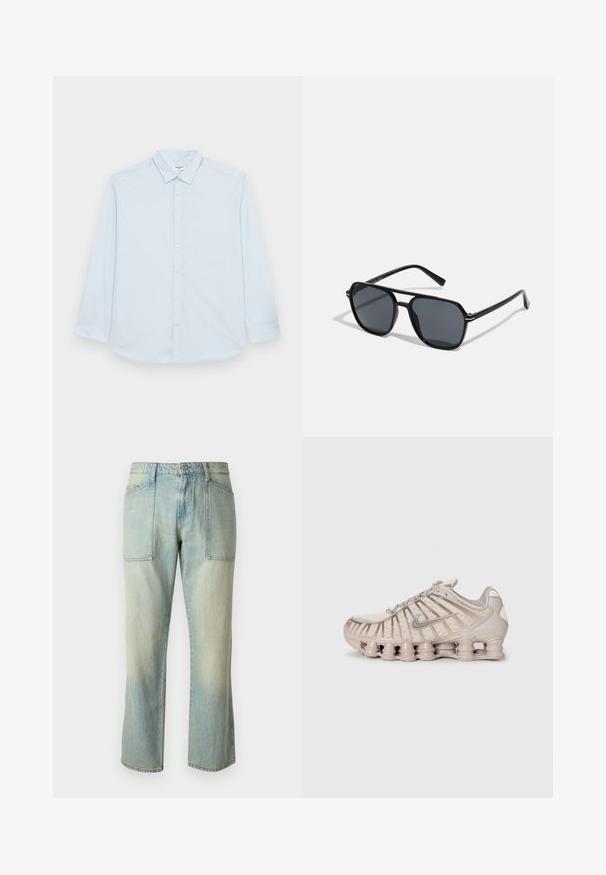 Jack & Jones JJJOE PLAIN NOOS - Košeľa - cashmere blue; Svetlomodré denimové nohavice so strihom rovného noha, viditeľným šitím a dvoma veľkými prednými vreckami. Textília má vyblednutú štruktúru.; Svetlo béžová športová obuv s textilným zvrškom, štruktúrovaným dizajnom a charakteristickou vystuženou podrážkou s cylindrickými časťami.; Čierne slnečné okuliare s osemuholníkovým rámom, tmavými sklami, lesklým povrchom, tenkými rámčekmi a zlatými akcentmi na prednej strane.