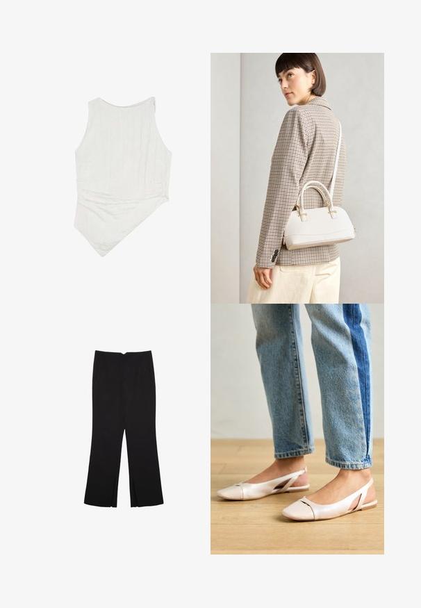 Valkoinen hihaton paita, jossa on hieman teksturoitu kangas, asynninen helma ja pyöreä kaula-aukko. Yksinkertainen ja minimalistinen muotoilu.; Mustat housut suoralinjaisella leikkauksella, joissa on etutaskut ja sivurei'ät helman alla. Valmistettu pehmeästä ja sileästä kankaasta. Sopii eri tilaisuuksiin.; Vaaleanpunaiset slingback-ballerinat, joissa on terävä kärki, valmistettu sileästä nahkamaisesta materiaalista. Sivujen leikkuuyksityiskohdat ja tasapohja.; Valkoinen rakenteellinen käsilaukku, jossa on lyhyet kahvat ja olkahihna, varustettu kultaisilla metalliosilla ja tekstuurilla, esillä harmaata taustaa vasten.