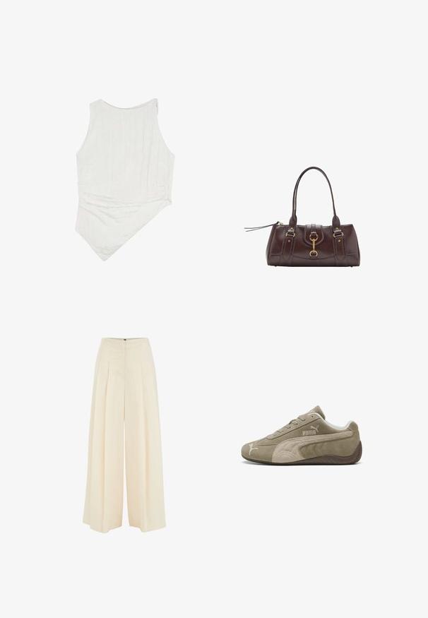 Haut sans manches blanc en tissu légèrement texturé, avec un ourlet asymétrique et un col rond. Design simple et minimaliste.; Pantalons larges en tissu beige clair, avec un design plissé à l'avant, taille haute et texture lisse. Pas de matériel visible ni de motifs.; Baskets en daim marron clair avec des accents plus foncés, présentant un design bas, un système de laçage et un logo de marque sur le côté.; Sac à main en cuir marron foncé avec deux poignées supérieures, accents en matériel doré, un détail de fermeture à l'avant et des textures cousues sur les côtés.