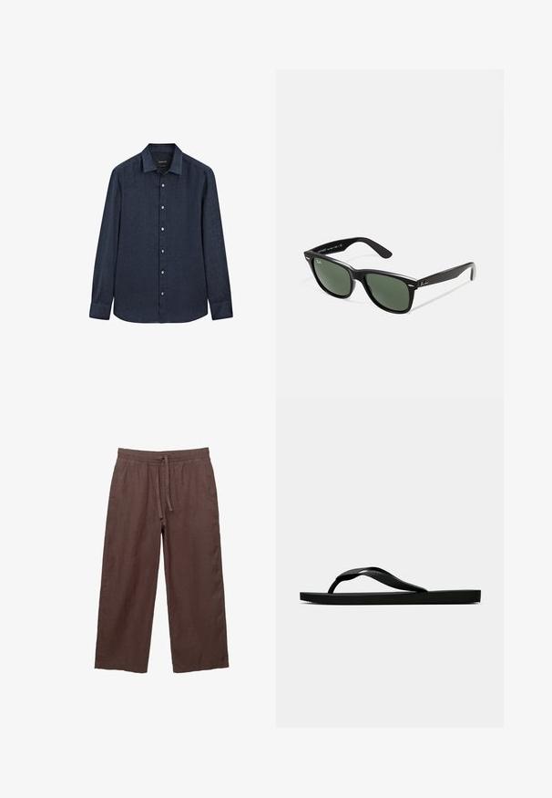 Massimo Dutti SLIM FIT GARMENT - Skjorter - dark blue; Brune linned bukser med bred benvidde og snor i taljen, der har to sidelommer og et let, tekstureret stof.; Sorte gummiflip-flopsandaler med en tekstureret rem og simpel flad sål, vist fra siden på en lys ensfarvet baggrund.; Sorte plastiksolkaber med grønne linser, firkantede stel, sølvaccent på brynene og teksturerede templede arme. Angivet mærke på den indre arm.