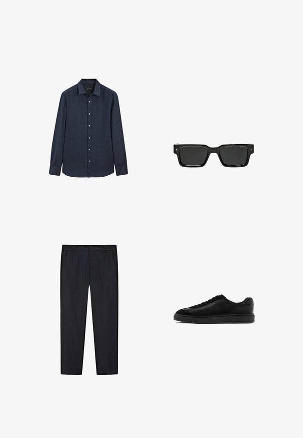 Massimo Dutti SLIM FIT GARMENT - Overhemd - dark blue; Zwarte rechte broek met elastische tailleband, riemlussen en zijzakken, plat weergegeven op een witte achtergrond.; Zwarte leren sneakers met een gladde afwerking, ronde neus, vetersluiting aan de voorkant en een contrasterende, gestructureerde tong. Dikke zwarte rubberen zool.; Zwarte rechthoekige zonnebril met donkere glazen, glanzend plastic montuur en kleine handtekeningaccenten op de pootjes. Platte profiel en scherpe hoeken.