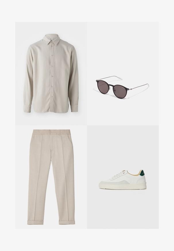 Camicia beige a manica lunga realizzata in tessuto morbido, con abbottonatura frontale, colletto classico e polsini con bordi arrotondati.; Filippa K TERRY CROPPED TROUSERS - Pantaloni - sage melange; Sneaker bianco con accenti in camoscio, punta rotonda, lacci piatti e suola in gomma crema. Presenta un marchio verde sul tallone.; Occhiali da sole neri rotondi con lenti scure e sottili bracci in metallo. Include punte trasparenti e accenti argentati alla cerniera. Design minimalista.