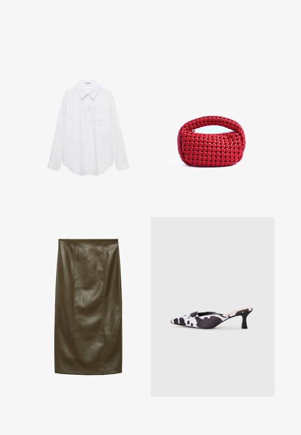Biela košeľa na gombíky vyrobená z hladkej tkaniny. Má klasický golier, dlhé rukávy a malú náprsné vrecko s detailom na gombík.; Olívovo zelená sukňa z imitácie kože typu ceruzka s hladkou textúrou, po kolená, s vertikálnymi švami pre upravený vzhľad.; Sústredené lodičky s otvorenou pätou v čierno-bielom dizajne s kravskou potlačou. Textilný zvršok s textúrovaným povrchom a štíhly čierny podpätok.; Červená tkaná kabelka s rounded hornou rúčkou a zipsovým uzáverom, so štruktúrovaným, preplietaným vzorom na mäkkom, flexibilnom materiáli.; Červené korálkové kruhové náušnice s textúrovaným povrchom a zlatým postranným zapínaním. Kruhový tvar s otvoreným stredom a zaoblenými detailmi z korálok.