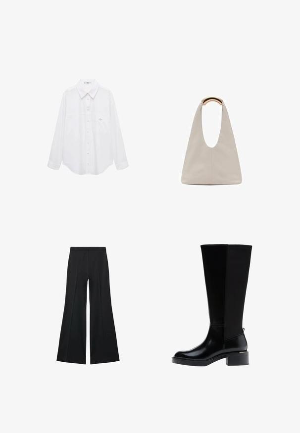 Bijela košulja dugih rukava od glatkog materijala. Ima klasičan ovratnik, dugačke rukave i mali džep na prsima s detaljem dugmeta.; Crne široke hlače s glatkom teksturom, koje imaju prednje nabore i kroj po mjeri. Tkanina je lagana i lepršava.; Crna čizma do koljena s glatkom kožnom završnom obradom, istaknutim šavovima, masivnom petom i teksturiranim stražnjim panelom za dodatni interes.; Svijetlosivi kožni torba s oblikom u slovo U i zakrivljenim metalnim drškom. Glatka tekstura s minimalnim šavovima i bez vidljivih uzoraka.