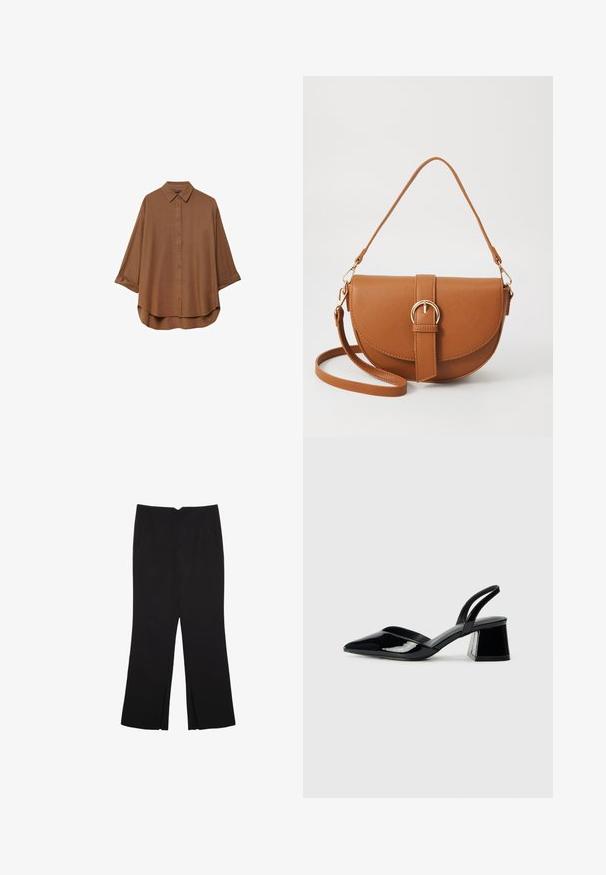 Ruskean napillinen paita, joka on valmistettu kevyestä kankaasta. Siinä on klassinen kaulus, pitkät hihat, joissa on käännetyt hihansuut, ja pyöristetty helma.; Mustat housut suoralinjaisella leikkauksella, joissa on etutaskut ja sivurei'ät helman alla. Valmistettu pehmeästä ja sileästä kankaasta. Sopii eri tilaisuuksiin.; Mustat patentoitu nahkakengät, joissa on säären takaosa ja terävä kärki, sekä geometrinen palikkakorko. Sisältää tyylikkään, minimalistisen muotoilun ja sileän pinnan.; Ruskean nahkainen olkalaukku, jossa on kaareva muoto, kultaiset yksityiskohdat ja solkiyksityiskohta. Varustettu irrotettavalla olkahihnalla.