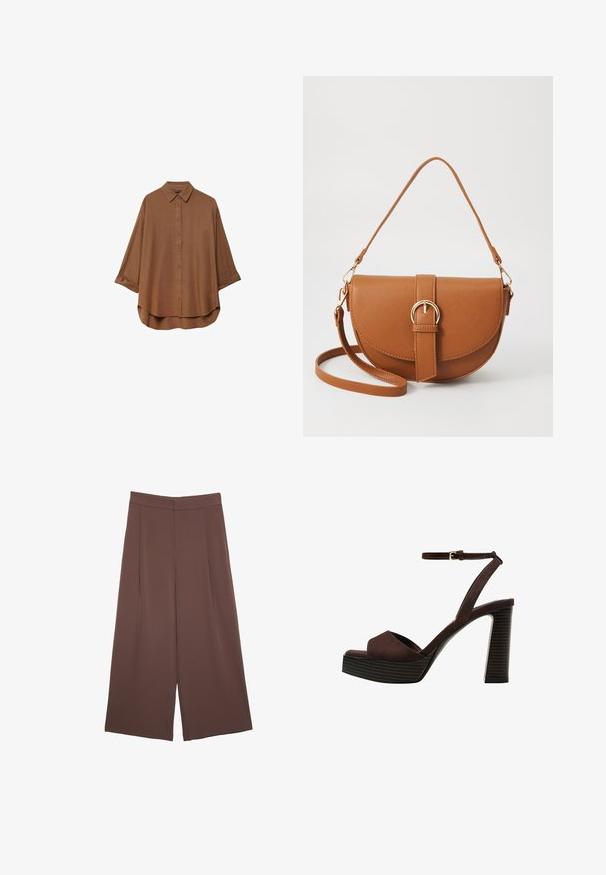 Brun skjorte med knapper lavet af letvægtsstof. Har en klassisk krave, lange ærmer med oprullede manchetter og en rund bund.; Brune bredbunde bukser med en glat tekstur, der har høj talje og plisseringer foran. Stoffet er let og falder løst.; Brune ruskinds højhælede sandal med åben tå, justerbar ankelrem og en stribet plade sål.; Brun læder crossbody taske med en buet form, guldfarvet hardware og en spændeaccent. Har en aftagelig skulderrem.