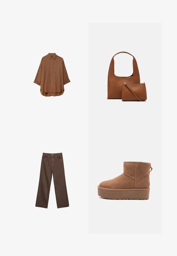 Ruskean napillinen paita, joka on valmistettu kevyestä kankaasta. Siinä on klassinen kaulus, pitkät hihat, joissa on käännetyt hihansuut, ja pyöristetty helma.; Leviittävät ruskeat farkut, jotka on valmistettu denimistä, korkea vyötärö, etutaskut ja klassinen nappikiinnitys. Silkkinen pinta hienovaraisella ompelutyöllä.; Tan suede nilonini kidogo chukua na sahani ya jukwaa, mguu wenye umbo la duara, na mapambo ya kushona; inajumuisha kipande cha kubana nyuma kwa kuvaa kwa urahisi.; Ruskea synteettinen käsilaukku, jossa on kaareva kahva ja sileä pinta. Mukana on yhteensopiva pieni pussi vetoketjulla. Minimalistinen muotoilu.