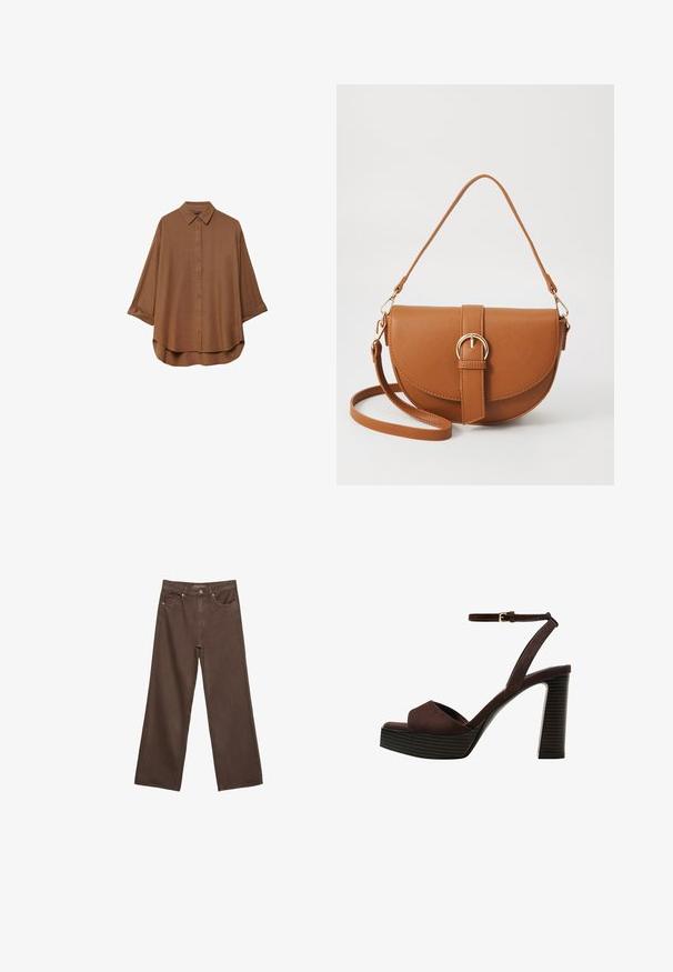Brun skjorte med knapper lavet af letvægtsstof. Har en klassisk krave, lange ærmer med oprullede manchetter og en rund bund.; Bredde ben brun denim jeans med høj talje, forlommer og klassisk knaplukning. Glat tekstur med diskret syninger.; Brune ruskinds højhælede sandal med åben tå, justerbar ankelrem og en stribet plade sål.; Brun læder crossbody taske med en buet form, guldfarvet hardware og en spændeaccent. Har en aftagelig skulderrem.