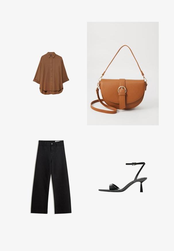 Braunes Button-Down-Hemd aus leichtem Stoff. Es hat einen klassischen Kragen, lange Ärmel mit umgeschlagenen Manschetten und einen abgerundeten Saum.; Schwarze weit geschnittene Jeans mit hoher Taille, ausgestattet mit Vorder- und Hintertaschen, gesteppten Nähten und einem Knopfverschluss. Glatte Textur.; Bershka High Heel Sandalette - black; Braune Leder-Crossbody-Tasche mit geschwungener Form, goldfarbenen Beschlägen und einer Schnallenakzentuierung. Verfügt über einen abnehmbaren Schultergurt.