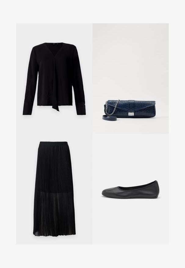 Theory HIDDEN SLIT MODER - Palaidinė - black; Juoda plisėta midi sijonas su lygiu, elastingu juosmeniu ir permatomu užklotu, turintis smulkius vertikalius plišius per visą audinį.; Juodai odiniai baletai su apvaliu pirštu, lygi texture, minimalus siuvimo detales ir lanksčiu padų dizainu.; Tamsiai mėlynas odinis rankinukas su krokodilo raštu, sidabro spalvos grandinėlė ir metalinis užsegimas. Stačiakampio formos, užlenkiamas dizainas.