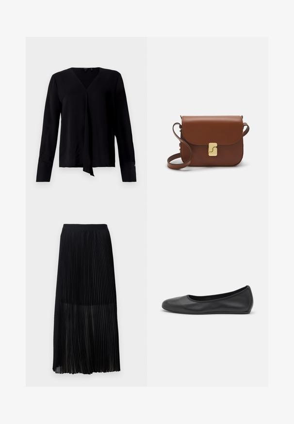 Theory HIDDEN SLIT MODER - Pusero - black; Mustan laskostetun midihameen, jossa on sileä, joustava vyötärönauha ja läpikuultava päällyskangas, jossa on hienoja pystylaskoksia koko kankaan ajan.; Musta nahkainen ballerina, jossa on pyöristetty kärki, sileä pinta, minimaalinen ommelkoristelu ja joustava pohjamuotoilu.; Ruskea nahkainen käsilaukku, jossa on läppäkiinnitys, kultasävyiset yksityiskohdat, olkahihna ja sileä pinta. Kompaktin suorakaiteen muotoinen.