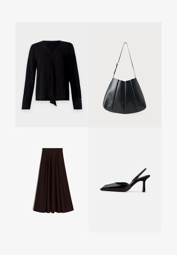Theory HIDDEN SLIT MODER - Blūze - black; Klātu, grīdas garuma svārki tumši brūnā audumā. Iezīmē augstu jostasvietu un gludu, teksturētu virsmu bez redzamām rakstām vai rotājumiem.; Melnas ādas slingback kurpes ar norādītu purngalu, minimālisma dizainu, plānu potītes jostu un elegantām stiletto papēžiem. Gluda tekstūra.; Melnas ādas plecu soma ar krokotu dizainu, gludu faktūru, vienu siksnu un smalku zelta aparatūru.