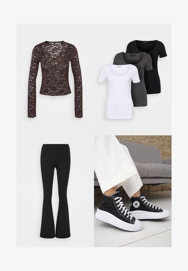 Langærmet brun blondetop med dyb V-udskæring, blomsterprint og tætsiddende design. Blødt, struktureret stof med indviklet detaljer.; Tre tætsiddende T-shirts i hvid, grå og sort. Hver af dem har en bred scoop-udskæring og korte ærmer. Fremstillet af glat, strækbart stof.; Sorte flagrende bukser lavet af strækbart stof, med en høj talje og en glat tekstur. Bukserne flared fra knæet.; Sorte sneakers med højt skaft, hvide gummisåler og snørebånd. Har en rund logo-patch og kontrasterende hvide syninger. Fremstillet af lærredsmateriale.