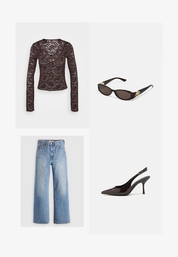 Langærmet brun blondetop med dyb V-udskæring, blomsterprint og tætsiddende design. Blødt, struktureret stof med indviklet detaljer.; Lys blå denim vid-leg jeans med høj talje, udvaskede områder, fem lommer og kontrastsyede detaljer. Klassisk knap- og lynlåslukning.; Slingback højhælet sko i glat mørkebrun patenteret læder, spids tå, åbne sider og justerbar ankelrem.; Skildpaddemønster solbriller med aflange ovale linser, brun farve, guldlogo accenter på stængerne og slanke sorte arme.