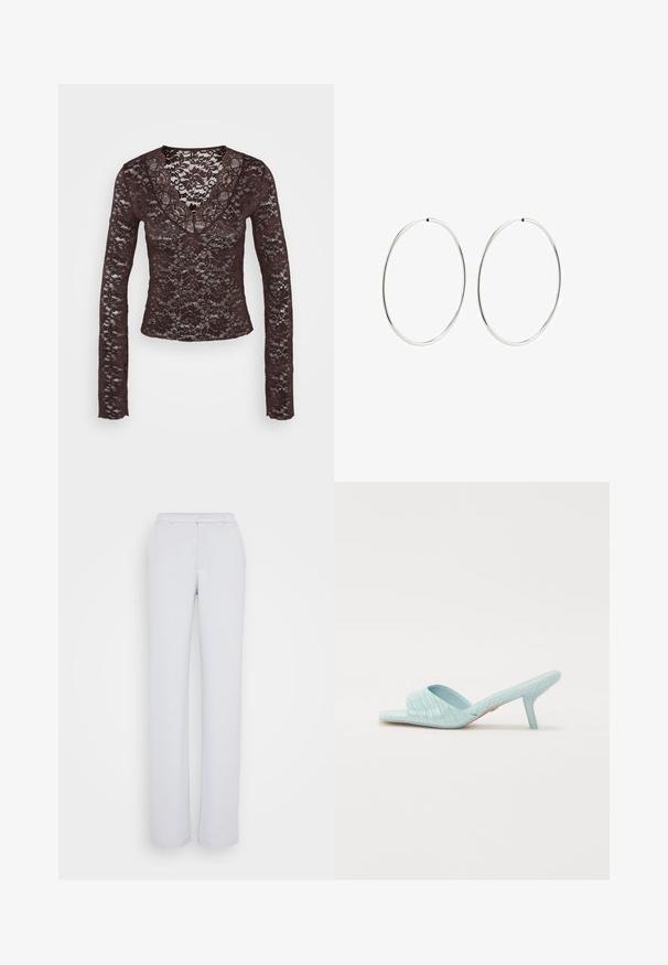 Ilgų rankovių rudas nėriniuotas pagrindas su giliu V formos iškirpimu, gėlėtais raštais ir prigludusia forma. Minkšta, tekstūruota medžiaga su sudėtingais detalėmis.; Šviesiai pilki kelnės su tiesia kojų forma, pagamintos iš lygios medžiagos, su lygiu priekiniu paviršiumi, juosmeniu ir jokių matomų dekoracijų.; Šviesiai mėlyna aukštakulnių šlepečių sandalų pora su krokodilo tekstūra, atvira nosimi ir siauru stiletu. Sklandi, blizganti apdaila be puošmenų.; Sidabriniai auskarai-žiedai su lygiu, apvaliu dizainu ir blizgiu paviršiumi. Jie yra ploni ir lengvi, turintys paprastą užsegimą.