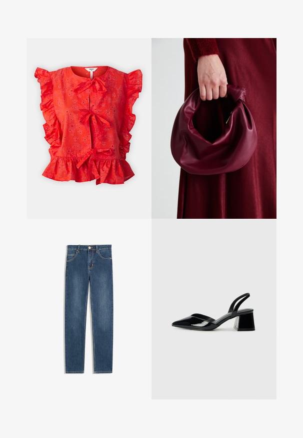 Object OBJCILIE - Bluză - flame scarlet; Jeans din denim albastru închis cu croială dreaptă, cinci buzunare, detalii subtile de cusătură și un nasture metalic la talie.; Pantofi cu toc slingback din piele lacuită neagră, cu vârf ascuțit și toc geometric. Prezintă un design elegant, minimalist și o textură netedă.; Geantă de mână din piele burgundă, cu un design moale și pliat și o formă rotundă. Mânerele sunt securizate, evidențiind o textură netedă.