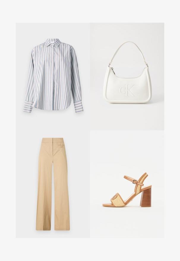 Pruhovaná košeľa na gombíky v svetlomodrej, ružovej a bielej farbe. Má klasický golier, dlhé rukávy a voľný strih so rovnými okrajmi.; Bežové nohavice so širokými nohavicami vyrobené z kombinácie bavlny. Majú hladkú textúru, elastický pás a detail s bočnými gombíkmi.; Hnedé kožené a tkané slamenné sandále na podpätku, s pásikom okolo členka, otvorenou špičkou a robustným dreveným podpätkom so horizontálnymi pruhmi.; Biela kožená kabelka s zakriveným tvarom, na prednej strane s embosovaným logom "CK" a jedným ramenným popruhom. Zipsové zapínanie navrchu.