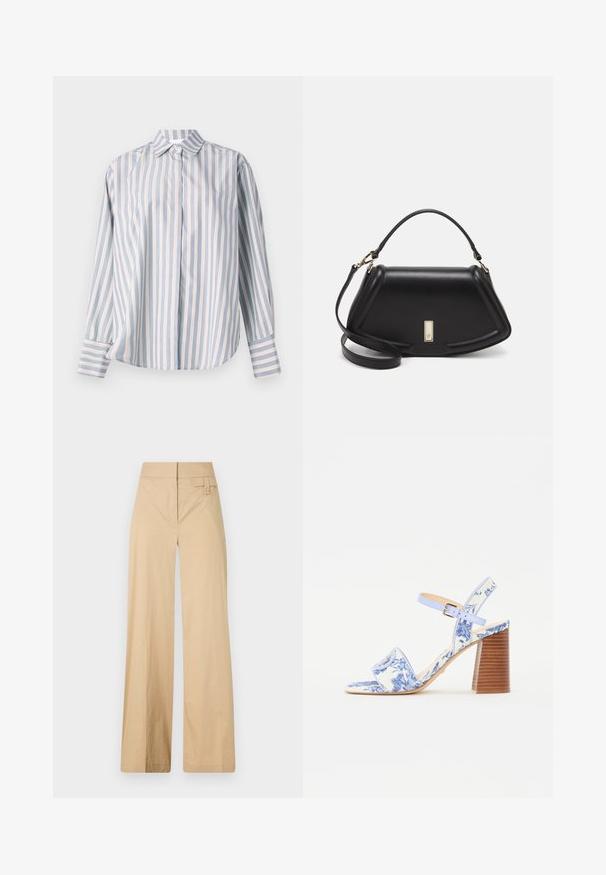 Striped button-up shirt in light blue, pink, and white. Features a classic collar, long sleeves, and a relaxed fit with a straight hem.; Beige wide-leg pants made of cotton blend fabric. Features a smooth texture, elastic waistband, and a side button detail.; Blue floral-printed sandal with a square toe, a wide strap, and an adjustable ankle strap, featuring a textured wooden block heel.; Black leather handbag with a structured design, featuring a cropped shape, top handle, and gold hardware accent. Adjustable shoulder strap included.