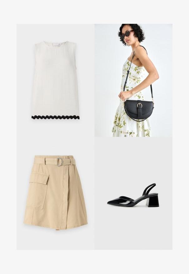 Bezrokavni top v kremnem lanu z okroglo ovratnico in teksturirano tkanino; ima črno valovito obrobo na robu.; Bež krilo iz bombaža s stransko žepom, pasom z zlatim obročem in rahlo A-linijo. Gladka tekstura in preprost dizajn.; Črne lakirane slingback pete s koničastim nosom in geometrijsko blokasto peto. Imajo eleganten, minimalističen dizajn in gladko teksturo.; Črna usnjena torbica s ukrivljeno obliko, z odstranljivo naramnico in zlatimi dodatki. Torbica ima pokrov s podrobnostmi v obliki zaponke.