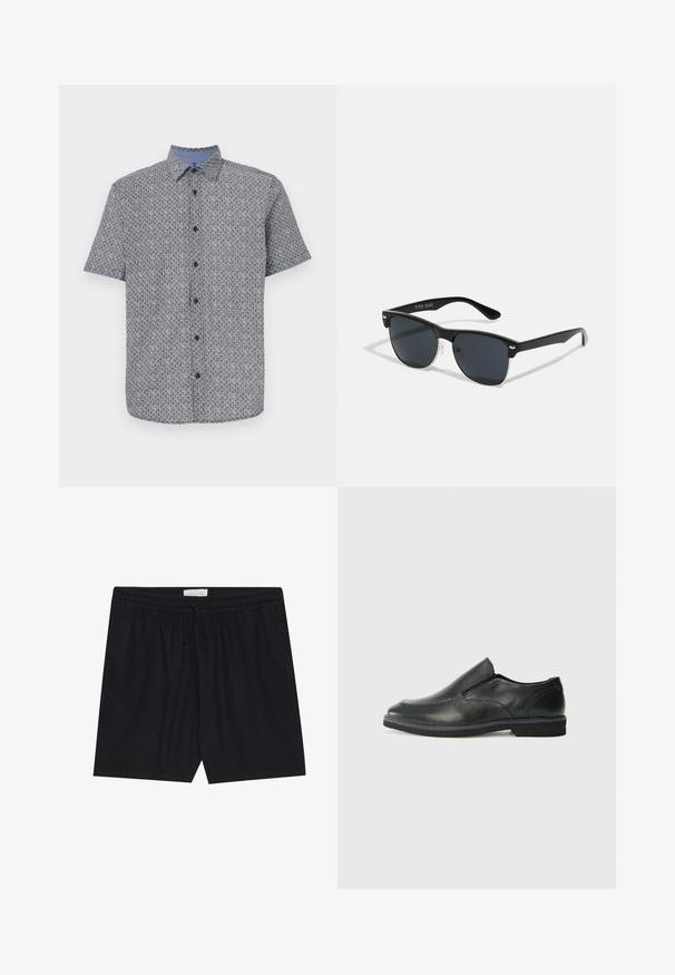 Camisa de manga curta em azul-marinho e branco com um padrão geométrico, frente com botões e colarinho e punhos em azul-claro contrastantes. Tecido leve.; Calções pretos com elástico na cintura e cordão, apresentando uma textura suave e um corte reto, adequados para uso casual.; Sapato slip-on preto em pele com um upper liso, acabamentos cosidos, bico arredondado e um salto de borracha baixo. A sola apresenta um padrão de aderência mínimo.; Óculos de sol pretos com forma retangular, lentes escuras, detalhes em prata nas hastes e um acabamento mate na armação.
