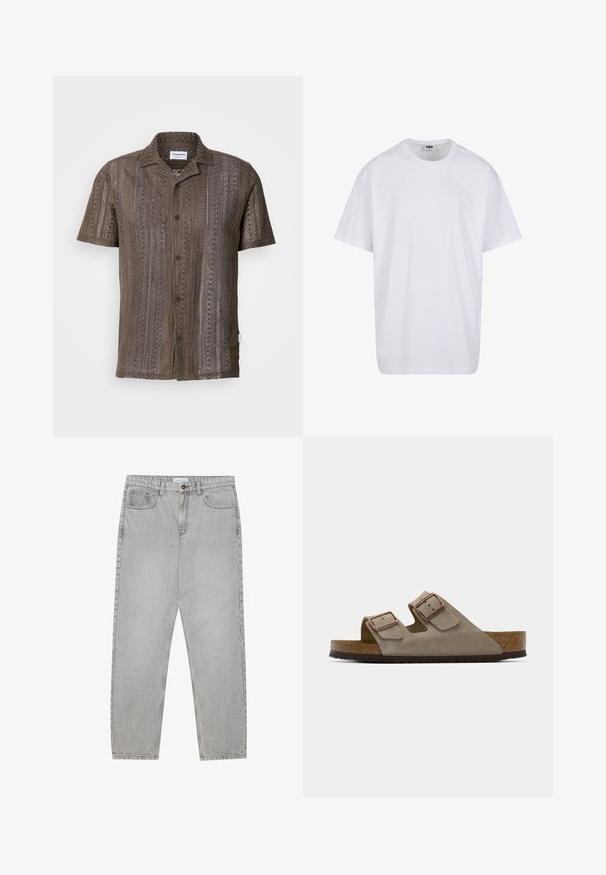Ruskea neulepaita lyhyillä hihoilla, jossa on teksturoitu avoin kudos, nappi edessä ja lovettu kaulus. Pystysuuntainen raidoitus maanläheisissä sävyissä.; Valkoinen puuvillainen t-paita, jossa on lyhyet hihat, pyöreä kaula-aukko, rento istuvuus ja ei näkyviä logoja tai kuvioita. Sileä pinta ja minimaalinen muotoilu.; Vaaleanharmaat farkut, joissa on suora lahje, viisi taskua ja nappisulku. Saumojen varrella näkyvä ompelu.; Suede liukumi sandalai šviesiai pilkos spalvos su dviem reguliuojamomis sagtimis, kamštiniu viduriu ir tekstūruota gumine išore.