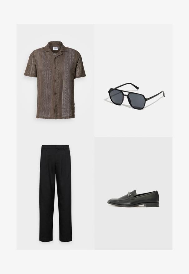 Brun strikket kortermet skjorte med strukturert åpen vev, knapp foran og klippet krage. Vertikalt stripemønster med jordnære toner.; Sorte bukser laget av glatt stoff, med rette ben, to frontfoldninger og standard liv med beltehemper.; Sorte skinnloafers med en glatt finish, og med en sydd design og en dekorativ metallkjedeakcent over foten. Flat hæl.; Sorte solbriller med ottekantet ramme, mørke linser, blank finish, tynde stænger og guld accenter på fronten.; Hvit perlekjede med en enhetlig rund form, glatt overflate, og metallspenne med en forlengelseskjede for justerbar lengde.