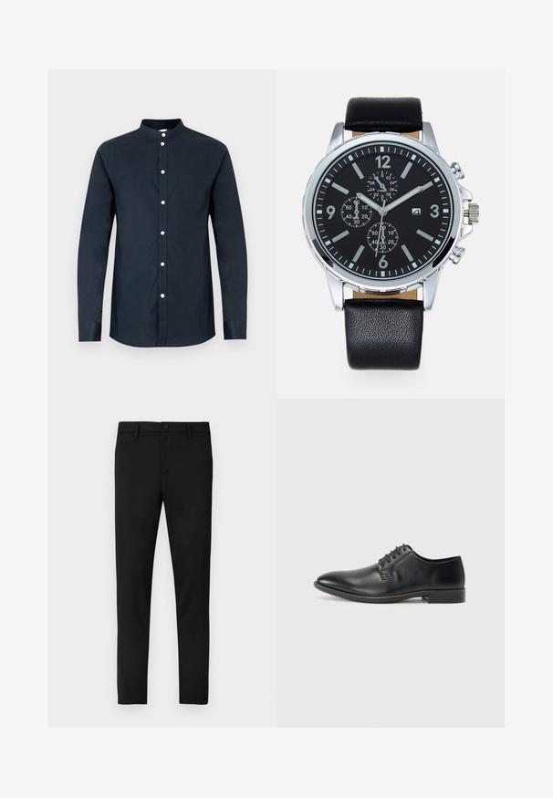 Men's dark navy long-sleeve shirt made of cotton, featuring a band collar, front buttons, and a left chest pocket. Smooth texture.; Black fitted trousers with a smooth texture, button closure, belt loops, and no visible patterns or accents.; Black leather lace-up shoes with a smooth finish, pointed toe, and low block heel. Features five pairs of eyelets for laces.; Black leather strap watch with a silver stainless steel case. Black dial features white hour markers, silver hands, and three sub-dials.