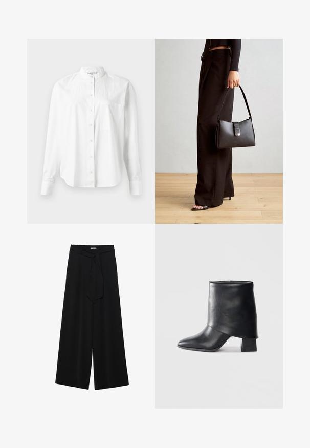 Balta garām piedurknēm kreklā ar bandas apkakli, ar pogu priekšu un krūšu kabatu. Izgatavots no viegla auduma, gluda tekstūra.; Melni platleņķa bikses ar teksturētu audumu, elastīgu jostu un noņemamu siksnu viduklī, kas nodrošina regulējamu piegulšanu.; Melnas ādas potītes zābaki ar norādītu purngalu, gludu tekstūru un strukturētu blokveida papēdi. Iezīmē augstu, salocītu apkakles dizainu.; Melnā somiņa ar strukturētu formu, gludu tekstūru un metālu sprādzi. Saskaņota ar platām melnām biksēm un sandālēm ar atvērtu purngalu uz koka grīdas.