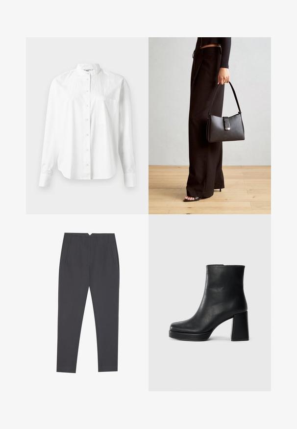 Balta ilgomis rankovėmis marškiniai su apykakle, su mygtukų priekiniu užsegimu ir krūtine kišenėle. Pagaminta iš lengvos medžiagos, lygaus tekstūros.; Tamsiai pilki siauriniai kelnių su šoninėmis kišenėmis ir priekinėmis raukšlėmis, sukurtos pritaikytam modeliui.; Juodas odinis kulkšninis botas su bloku ir platformos padu, matomas šoniniu vaizdu ant balto fono.; Juodas rankinė struktūrizuota forma, lygi tekstūra ir metalinis užsegimas. Suporuota su plačiomis juodomis kelnėmis ir atvirais bateliais ant medinių grindų.