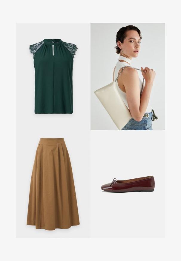 Blusa sem mangas verde escura com detalhe em renda nos ombros e uma pequena abertura frontal com botão. Design simples e elegante.; Saia A-line de algodão castanho com cintura alta, apresentando pregas na parte da frente e uma textura suave. As bordas da bainha são limpas e simples.; Bailarinas em couro sintético borgonha com bico redondo, pequeno laço na frente e sola baixa em borracha preta. Textura suave.; Bolsa de mão retangular branca, feita de material brilhante, com uma alça em corrente prateada. Modelo posa, exibindo a bolsa contra um fundo simples.