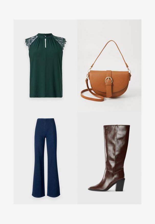 Blusa sem mangas verde escura com detalhe em renda nos ombros e uma pequena abertura frontal com botão. Design simples e elegante.; Calças de ganga em azul escuro, com corte flare e uma cinturilla elástica. Apresentam uma textura suave e um design de perna larga que se estende até à bainha.; Bota alta de couro marrom escuro com bico pontudo e salto bloco empilhado, vista de lado sobre um fundo liso.; Bolsa transversal de couro castanho com um formato curvado, ferragens douradas e um detalhe de fivela. Inclui uma alça de ombro destacável.
