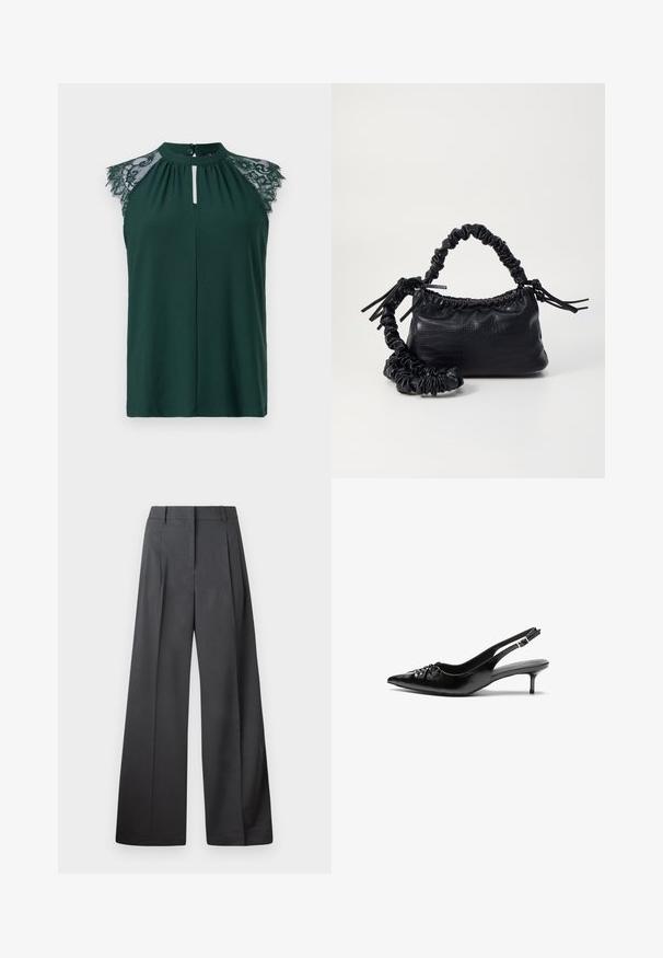 Tumši zaļa bez piedurknēm blūze ar mežģīņu detaļām uz pleciem un maziem pogu aizvēršanai priekšā. Vienkāršs un elegants dizains.; Platās kājas bikses tumši pelēkā audumā, ar augstu jostasvietu, ar vienu uzpūstu vīli un gludu tekstūru ar tīru apdari ap malām.; Melni ādas slingbeki ar smailu purngalu, zemu papēdi un savāktu detaļu uz virsmas. Gluda tekstūra un minimālistisks dizains.; Melnā mākslīgās ādas rokassoma ar krokodila rakstu, savilkta augšdaļa un saburzīta siksna. Izskatās mīksta un kompakta pēc dizaina.