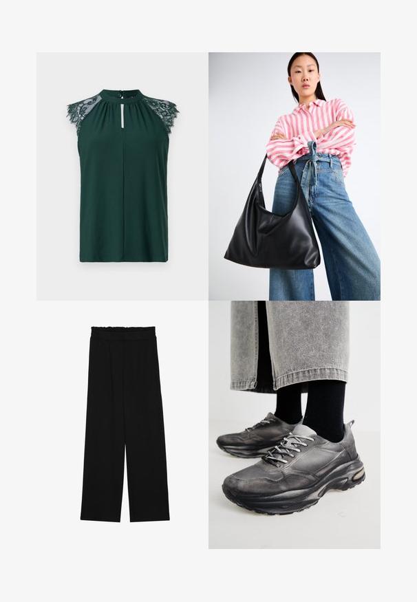 Blusa senza maniche verde scuro con dettagli in pizzo sulle spalle e un piccolo apertura con bottoni sul davanti. Design semplice ed elegante.; Pantaloni neri a gamba larga con cintura arricciata, dotati di due tasche laterali e un tessuto liscio e leggero. Nessun motivo visibile o parti metalliche.; Le scarpe da ginnastica nere e grigie presentano una tomaia in rete, suole spesse e lacci. Hanno una punta arrotondata e un dettaglio di ammortizzazione visibile.; Borsa a spalla in pelle nera con una forma morbida e dettagli sulle cuciture. Il modello indossa una camicia a righe rosa e bianche con jeans a gamba larga blu.
