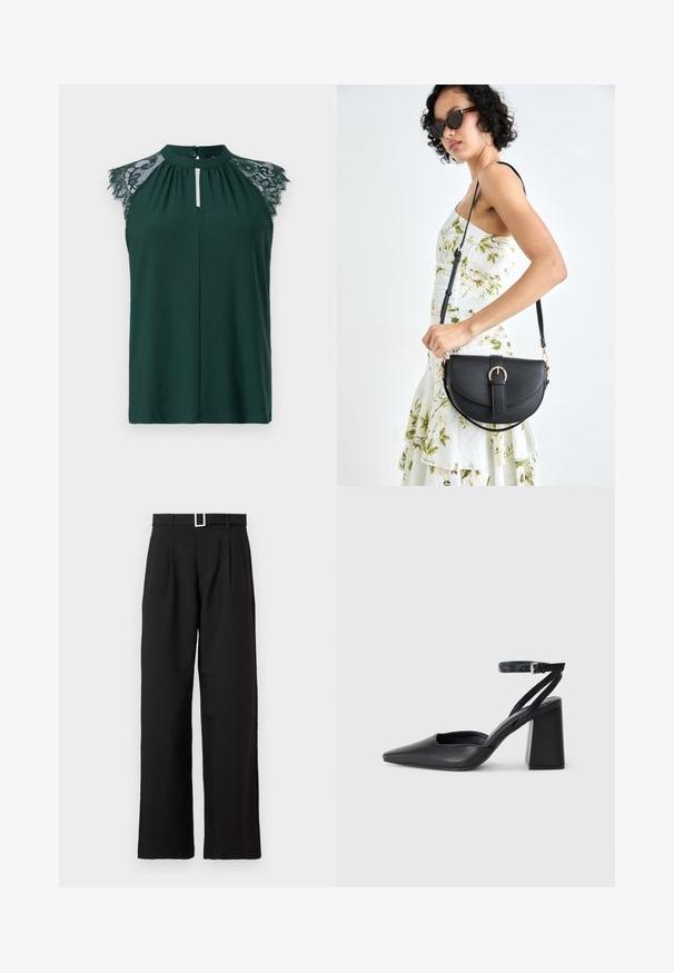 Tumman vihreä hihaton paita, jossa on pitsiyksityiskohtia olkapäillä ja pieni nappisuljenta edessä. Yksinkertainen ja tyylikäs muotoilu.; Mustat korkeavyötäröiset leveät housut, joissa on vyölenkit ja hopea suorakulmainen solki valkoisella taustalla.; Mustat nahkakengät, joissa on kapea kärki, nilkkaremmi ja paksu korko. Tasainen pinta, tyylikäs muotoilu ja minimalistinen estetiikka.; Musta nahkainen käsilaukku, joka on kaareva muotoilultaan, irrotettavalla hihnalla ja kultaisilla yksityiskohdilla. Laukussa on läppä, jossa on solk yksityiskohta.