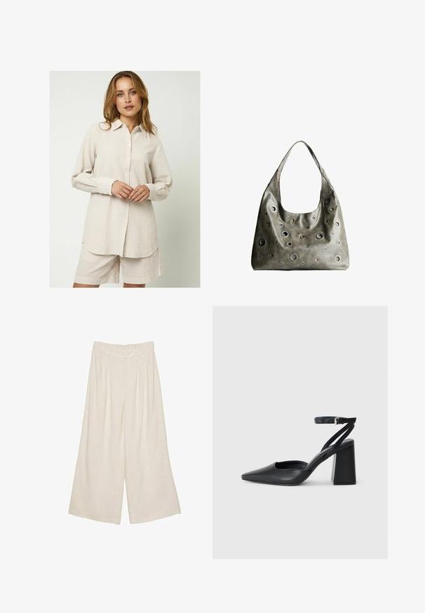 Moves ELASSU - Hemdbluse - warm sand; Leinen-Hose mit weitem Bein in einem hellbeigen Farbton, ausgestattet mit einem plissierten Design und einem elastischen Bund für Komfort und angenehmen Tragekomfort.; Schwarze Leder-Pumps mit spitzer Zehe, einem Knöchelriemen und einem blockigen Absatz. Flache Textur, elegantes Design und minimalistische Ästhetik.; Olivgrünes Lederhandtäschchen mit einem lässigen Design, das verschiedene runde Ausschnitte in unterschiedlichen Größen und Akzente in dunkleren und helleren Farbtönen aufweist.