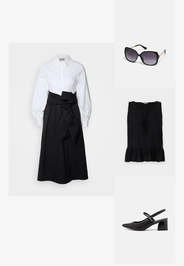 Crni top bez rukava s ovalnim izrezom, prednjim vezanjem i volanima na rubu. Izrađen od lagane tkanine s glatkom teksturom.; Bijela košulja dugih nabranih rukava, uparena s crnom suknjom i pamučnim remenom zavezanom u struku, izrađena od glatkog pamučnog materijala.; Crne lakirane slingback visoke potpetice s šiljastim vrhom, zaobljenim izrezom i blok potpeticom. Sadrži akcent zlatnog tona s kopčom.; Crne prevelike sunčane naočale s gradijentnim lećama, debelim okvirom i zlatnim lancem kao detaljem na krakovima.; Crna torba od sintetičkog materijala, s jednostavnim pravokutnim dizajnom, zlatnim kvadratnim detaljima i dvostrukim ručkama.
