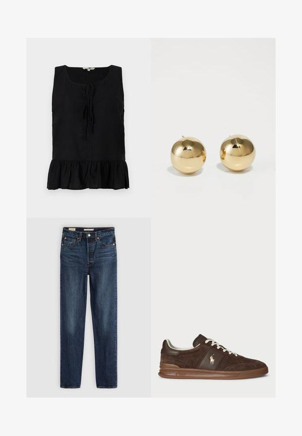 Top negro sin mangas con escote en forma de barco, lazos en el frente y un dobladillo con volantes. Hecho de una tela ligera con una textura suave.; Vaqueros rectos de color azul oscuro con cinco bolsillos, cierre de botón y cremallera, y costuras en contraste.; Zapatillas de ante marrón con paneles texturizados, cordones blancos y un logo dorado. Presentan una suela de goma y un collar acolchado para mayor comodidad.; Pendientes de perno esféricos de oro con un acabado pulido y un pequeño poste. Presentan una textura suave y una superficie reflectante.
