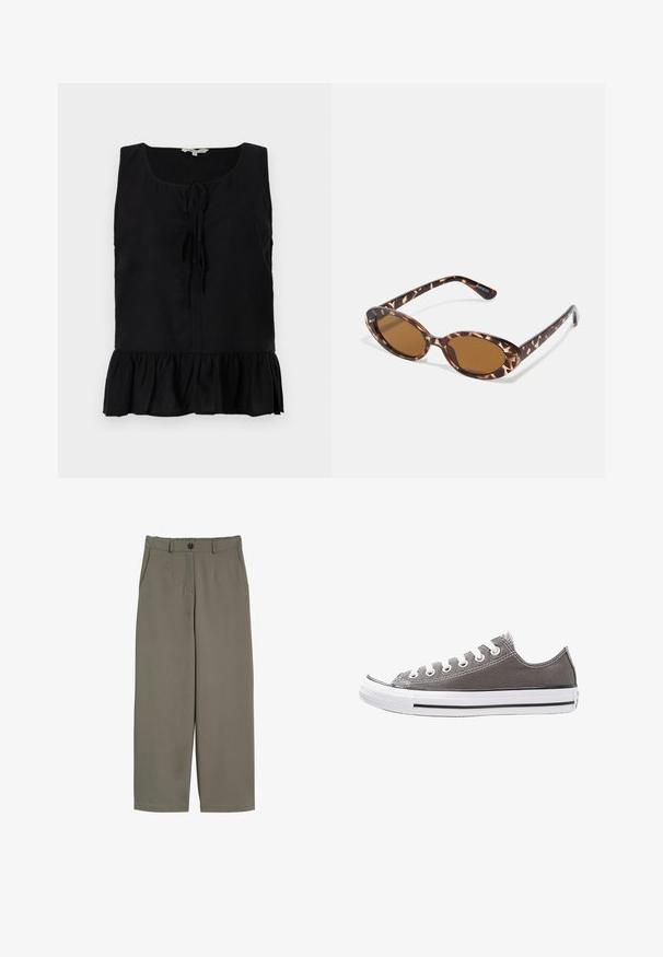 Musta hihaton paita, jossa on pyöreä pääntie, edessä nyörit ja röyhelöhelma. Valmistettu kevyestä kankaasta, jolla on sileä rakenne.; Valkoiset lahkeet oliivinvihreästä kankaasta, jossa on napin suljenta, etutaskut ja sileä, hieman teksturoitu pinta.; Harmaa kankainen urheilusneakeri, jossa on valkoinen kumipohja, musta raita ja metalliset rei'itykset. Ominaisuuksiin kuuluu pyöreä kärki, matala malli ja tekstiilinen pinta.; Kameleontin kuorilla varustetut aurinkolasit, joissa on ovaalit linssit, ruskeat sävyt, ohuet, tekstuurilla varustetut varsiosat ja kevyet muovikehykset.