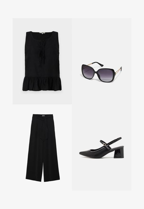 Črn brezrokavnik s krožnim izrezom, sprednjimi zavezovanji in nabranim robom. Narejen iz lahkega materiala z gladko teksturo.; Črne široke hlače iz teksturirane tkanine, z elastičnim pasom in odstranljivim trakom na pasu za prilagodljivo prileganje.; Črne patentne usnjene salonarce s slingback obliko, s koničastim nosom, zaobljenim izrezom in blok peto. Imajo zlato kovinsko zaponko kot dodatno okrasje.; Črne prevelike sončne očala z degradacijskimi lečami, debelimi okvirji in zlatimi verižicami na ročajih.; Črna torbica z strukturirano obliko, gladko teksturo in kovinskim zaponko. Ujemajo se z širokimi črnimi hlačami in odprtimi sandali na lesenem tleh.