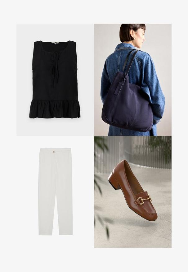 Czarny bezrękawnik z okrągłym dekoltem, z przodu wiązany i z falbaniastym dołem. Wykonany z lekkiego materiału o gładkiej fakturze.; Białe, dopasowane spodnie z prostymi nogawkami, posiadające zapięcie na guzik, szlufki na pasek oraz kieszenie boczne; gładka tekstura materiału.; Brązowe lakierowane mokasyny z kwadratowym noskiem, metalowym łańcuszkiem i niskim blokowym obcasem; gładka faktura, minimalistyczny design.; Granatowa torba na ramię z płótna o miękkim, strukturalnym kształcie, z czarnym paskiem, przeszyciami i małą metką marki.