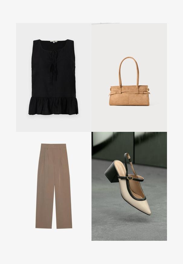 Top negru fără mâneci, cu decolteu în formă de scoică, legături în față și tiv ondulat. Fabricat dintr-un material ușor, cu o textură netedă.; Pantaloni plisati maro cu un design cu picioare largi, având un brâu plat și buzunare laterale, confecționați dintr-un material ușor.; Pantof divers în nuanță bej, cu vârf ascuțit, curea de susținere în spate, cu margine neagră, cataramă aurie și toc gros pe un podea gri, cu un fundal verde închis.; Geantă din suede de culoare bej, cu două mânere lungi, formă rectangulară și cusături decorative. Dispune de o curea laterală și detalii subtile din aur.