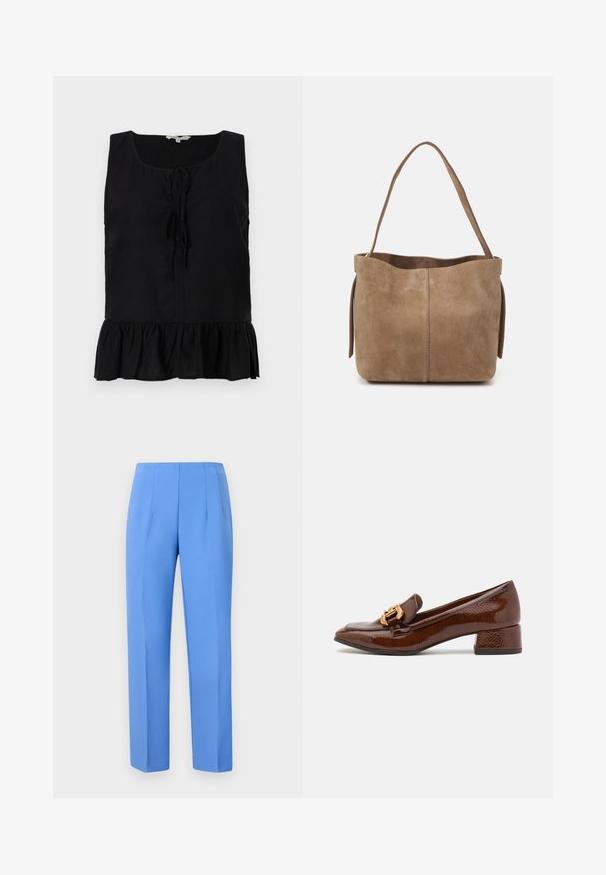 Schwarzes ärmelloses Oberteil mit U-Boot-Ausschnitt, vorderen Bindebändern und einem rüschengesäumten Saum. Hergestellt aus leichtem Stoff mit glatter Textur.; Blaue, maßgeschneiderte Hosen aus glattem Stoff mit seitlichen Falten, geradem Schnitt und einem schlichten Bund. Keine sichtbaren Beschläge oder Muster.; Braune Lederloafers mit glänzender Oberfläche, ausgestattet mit einer dekorativen goldenen Schnalle an der Vorderseite und einem niedrigen Blockabsatz. Klassisches Design.; Braune Wildleder-Tote mit weicher Textur, offenem Oberteil und einem einzelnen Schulterriemen. Verfügt über eine glatte Oberfläche und minimale Details.