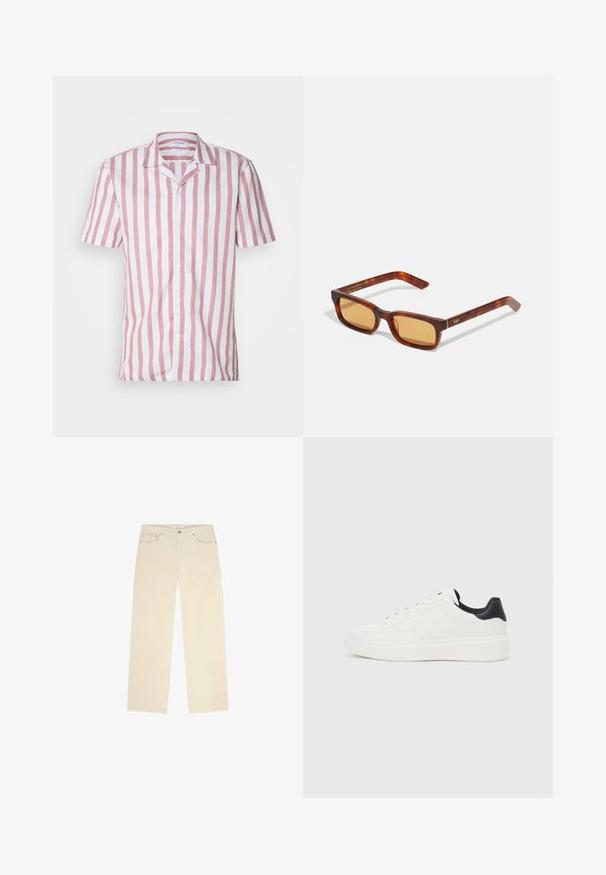 Rózsaszín és fehér függőleges csíkos, rövidujjú ing, könnyű anyagból készült, galléros nyakkal és elől gombos záródással.; Beige kordbársony nadrág, egyenes szárú kialakítással, két elülső zsebbel és finom bordás textúrával. Fém díszítőelemek is találhatóak rajta.; Fehér bőr sportcipő, dombornyomott mintával, texturált fehér középtalppal és fekete sarokbetéttel. Kerek orrú és lapos fűzőkkel rendelkezik.; Tortoiseshell napszemüveg, téglalap alakú kerettel, narancsszínű árnyékolt lencsékkel és arany logó díszítéssel a szárakon, fényes műanyagból készült.
