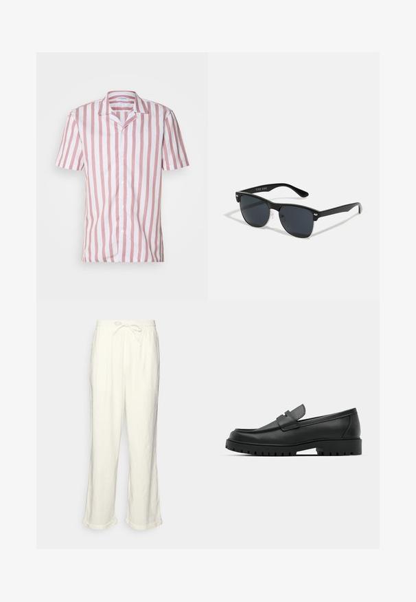 Kratkoročná košela v ružových a bielych vertikálnych prúžkoch, vyrobená z ľahkej tkaniny, s golierom a predným zapínaním na gombíky.; Linen hlače v svetlo bež barvi z elastičnim pasom, nekoliko širokimi hlačnicami in zavitimi manšetami za sproščen kroj. Brez žepov.; Črne usnjene loafers čevlje z zaobljenim nosom, ki imajo šivano zasnovo, nizko platformo in teksturiran, profiliran gumijast podplat.; Črne sončne naočare pravokotne oblike, temna leča, srebrni detajli na ušesih in mat površina na okvirju.