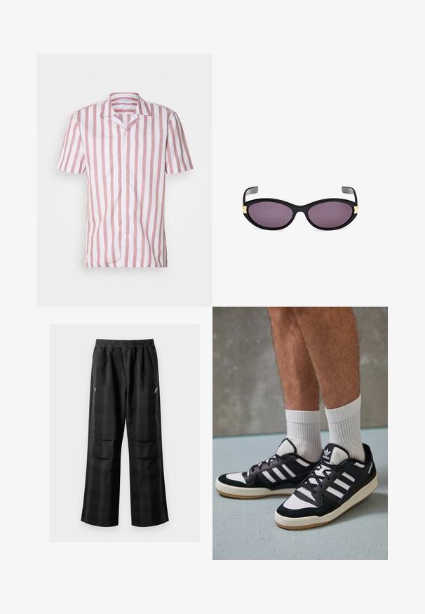 Vaate lyhythihainen paita vaaleanpunaisissa ja valkoisissa pystysuorissa raidoissa, valmistettu kevyestä kankaasta, jossa on kauluspanta ja etupainike.; Mustat ruudulliset housut, joissa on joustava vyötärö, kaksi etutaskua ja rento istuvuus suoralla lahkeella. Valmistettu kevyestä materiaalista.; Valkoiset ja mustat tennarit, joissa on mokkanahka- ja nahkapäällinen, kolme valkoista raitaa, rei'itetty kärki ja kumipohja.; Mustat kissakatseet aurinkolasit violetilla linsseillä. Ominaisuudet kultaiset yksityiskohdat temppelien lähellä. Tasainen muovikehys kiiltävällä pinnalla.